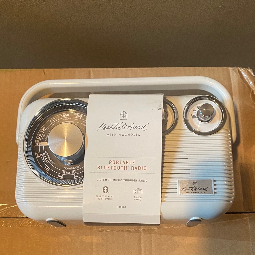 Hearth & Hand White Portable Bluetooth Radio with Retro Dial